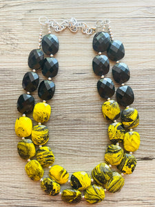 Bubble bee Swirl Yellow Statement Necklace, chunky bib beaded jewelry, Summer jewelry, black necklace, beaded acrylic jewelry bumblebee