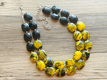 Load image into Gallery viewer, Bubble bee Swirl Yellow Statement Necklace, chunky bib beaded jewelry, Summer jewelry, black necklace, beaded acrylic jewelry bumblebee