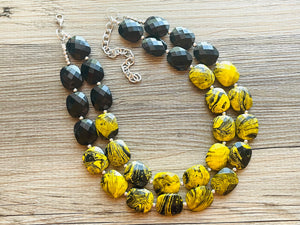 Bubble bee Swirl Yellow Statement Necklace, chunky bib beaded jewelry, Summer jewelry, black necklace, beaded acrylic jewelry bumblebee