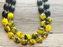 Load image into Gallery viewer, Bubble bee Swirl Yellow Statement Necklace, chunky bib beaded jewelry, Summer jewelry, black necklace, beaded acrylic jewelry bumblebee