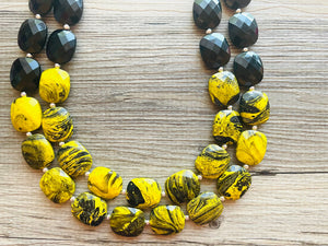 Bubble bee Swirl Yellow Statement Necklace, chunky bib beaded jewelry, Summer jewelry, black necklace, beaded acrylic jewelry bumblebee