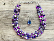 Load image into Gallery viewer, Purple Party Jewel Statement Necklace, chunky bib beaded jewelry, Summer gray necklace, beaded acrylic jewelry dark purple eggplant lavender