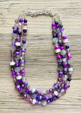 Load image into Gallery viewer, Purple Party Jewel Statement Necklace, chunky bib beaded jewelry, Summer gray necklace, beaded acrylic jewelry dark purple eggplant lavender