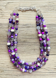 Purple Party Jewel Statement Necklace, chunky bib beaded jewelry, Summer gray necklace, beaded acrylic jewelry dark purple eggplant lavender