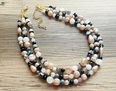 Neutral Gold Chunky Statement Necklace, multi Strand Beaded Jewelry Champagne gray glass jewelry, 3 strand chunky bib confetti fall necklace