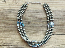 Load image into Gallery viewer, Gray Wood Silver Blues statement Necklace, dyed gray wood beaded chunky bib wedding crystals, dark navy blue 3 strand jewelry, chunky bib