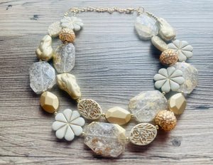 Golden Hour chunky statement necklace, big beaded jewelry, gifts for women, bib Multi-Strand gold white cream tan beaded chunky