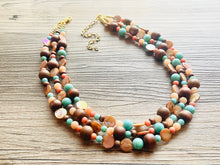 Load image into Gallery viewer, Chunky Coral Gold Brown Statement Necklace set jewelry, turquoise green peach bib necklace, geometric necklace triple strand peach