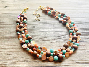 Chunky Coral Gold Brown Statement Necklace set jewelry, turquoise green peach bib necklace, geometric necklace triple strand peach