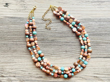 Load image into Gallery viewer, Chunky Coral Gold Brown Statement Necklace set jewelry, turquoise green peach bib necklace, geometric necklace triple strand peach