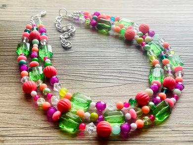 Strawberry Kiwi Chunky Statement Necklace, Coral mint beaded jewelry, Multi Strand Bib Necklace, Beaded necklace green hot pink