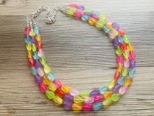 Load image into Gallery viewer, Frosted Pastel Rainbow Statement Necklace, colorful chunky jewelry, multi strand pride chunky beaded necklace, bubble necklace bubblegum