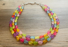 Load image into Gallery viewer, Frosted Pastel Rainbow Statement Necklace, colorful chunky jewelry, multi strand pride chunky beaded necklace, bubble necklace bubblegum