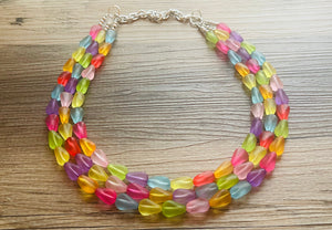 Frosted Pastel Rainbow Statement Necklace, colorful chunky jewelry, multi strand pride chunky beaded necklace, bubble necklace bubblegum