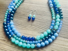 Load image into Gallery viewer, Tributaries Statement Necklace, chunky bib beaded jewelry, Summer blue aqua necklace, beaded glass jewelry mint green navy teal chambray