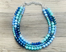 Load image into Gallery viewer, Tributaries Statement Necklace, chunky bib beaded jewelry, Summer blue aqua necklace, beaded glass jewelry mint green navy teal chambray