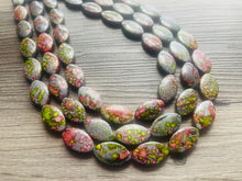 Load image into Gallery viewer, Speckled Watermelon Chunky Statement Necklace, Big beaded jewelry, 3 Strand bib chunky Necklace, gray green red silver earrings set jewelry