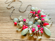 Load image into Gallery viewer, Green &amp; pink Cluster Necklace, silver and green beaded necklace, holiday jewelry, neon pink crystal necklace bib statement Necklace