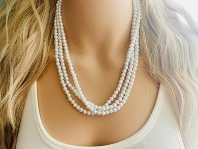 3 Strand Women's White Pearl Statement Necklace, Big Pearl Necklace, White Necklace, Bridesmaid jewelry wedding statement necklace