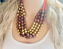 Load image into Gallery viewer, Coral Gold &amp; Brown statement necklace, asymmetric chunky bib beaded jewelry 4 strand neutral, wood multi strand wood thick bib vintage