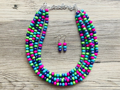 Jewel Tone Cobblestone Chunky Rainbow Beaded Necklace, 5 Strand Colorful Jewelry statement necklace, wood big beaded