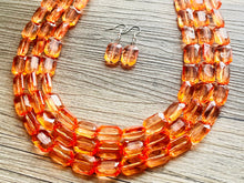 Load image into Gallery viewer, Coral Orange Statement Necklace, 3 multi Strand Beaded Jewelry, Bright Necklace, coral necklace, summer necklace, beaded jewelry earrings