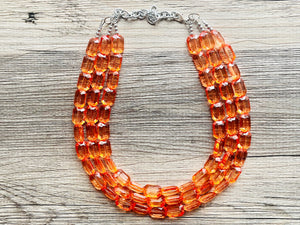 Coral Orange Statement Necklace, 3 multi Strand Beaded Jewelry, Bright Necklace, coral necklace, summer necklace, beaded jewelry earrings