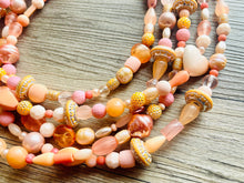 Load image into Gallery viewer, Chunky Multi Strand Peach Statement Necklace, pink - orange beaded jewelry, peach necklace, thick coral jewelry, peach bridesmaid 5