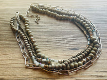 Load image into Gallery viewer, Blue &amp; Gray Chain beaded Statement Chunky Necklace, casual necklace, Traveler 4 strand black necklace, big bead necklace, silver jewelry