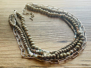 Blue & Gray Chain beaded Statement Chunky Necklace, casual necklace, Traveler 4 strand black necklace, big bead necklace, silver jewelry