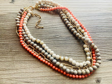 Load image into Gallery viewer, Coral Gray &amp; Gold statement necklace, chunky bib beaded jewelry 4 strand neutral, wood multi strand wood thick bib vintage