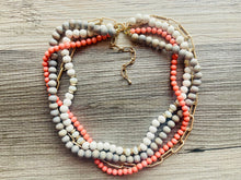 Load image into Gallery viewer, Coral Gray &amp; Gold statement necklace, chunky bib beaded jewelry 4 strand neutral, wood multi strand wood thick bib vintage