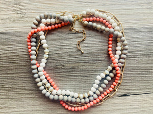 Coral Gray & Gold statement necklace, chunky bib beaded jewelry 4 strand neutral, wood multi strand wood thick bib vintage