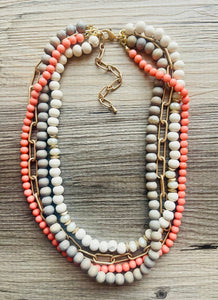 Coral Gray & Gold statement necklace, chunky bib beaded jewelry 4 strand neutral, wood multi strand wood thick bib vintage