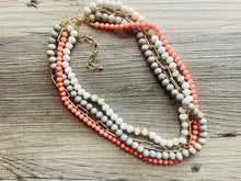 Load image into Gallery viewer, Coral Gray &amp; Gold statement necklace, chunky bib beaded jewelry 4 strand neutral, wood multi strand wood thick bib vintage