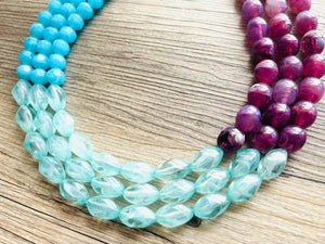 West Coast Necklace, 3 strand bright jewelry, big beaded chunky statement, periwinkle orchid blue aqua royal purple, royal blue mint green