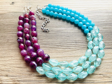 West Coast Necklace, 3 strand bright jewelry, big beaded chunky statement, periwinkle orchid blue aqua royal purple, royal blue mint green