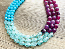 Load image into Gallery viewer, West Coast Necklace, 3 strand bright jewelry, big beaded chunky statement, periwinkle orchid blue aqua royal purple, royal blue mint green