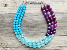 Load image into Gallery viewer, West Coast Necklace, 3 strand bright jewelry, big beaded chunky statement, periwinkle orchid blue aqua royal purple, royal blue mint green