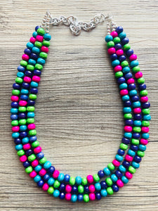 Jewel Tone Cobblestone Chunky Rainbow Beaded Necklace, 3 Strand Colorful Jewelry statement necklace, wood big beaded