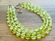 Load image into Gallery viewer, Cucumber Green Chunky Statement Necklace &amp; Stretch Bracelet set, Triple Strand Beaded Jewelry, light green jewelry, bridesmaid jelly bean