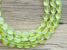 Load image into Gallery viewer, Cucumber Green Chunky Statement Necklace &amp; Stretch Bracelet set, Triple Strand Beaded Jewelry, light green jewelry, bridesmaid jelly bean