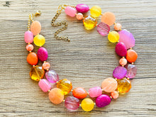 Load image into Gallery viewer, Flamingo Pink Statement Necklace, Purple Chunky Beaded Necklace Jewelry Necklace, Hot pink Necklace, magenta beaded orange yellow