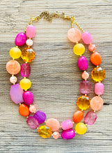 Load image into Gallery viewer, Flamingo Pink Statement Necklace, Purple Chunky Beaded Necklace Jewelry Necklace, Hot pink Necklace, magenta beaded orange yellow