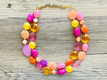 Load image into Gallery viewer, Flamingo Pink Statement Necklace, Purple Chunky Beaded Necklace Jewelry Necklace, Hot pink Necklace, magenta beaded orange yellow