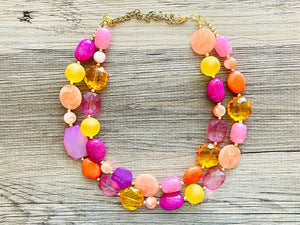 Flamingo Pink Statement Necklace, Purple Chunky Beaded Necklace Jewelry Necklace, Hot pink Necklace, magenta beaded orange yellow