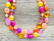 Load image into Gallery viewer, Flamingo Pink Statement Necklace, Purple Chunky Beaded Necklace Jewelry Necklace, Hot pink Necklace, magenta beaded orange yellow