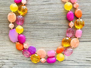 Flamingo Pink Statement Necklace, Purple Chunky Beaded Necklace Jewelry Necklace, Hot pink Necklace, magenta beaded orange yellow