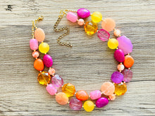 Load image into Gallery viewer, Flamingo Pink Statement Necklace, Purple Chunky Beaded Necklace Jewelry Necklace, Hot pink Necklace, magenta beaded orange yellow