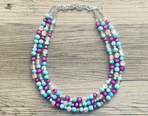 Deja Vu Purple chunky statement necklace & earrings, pink big bead jewelry gifts for women, bib jewelry Multi-Strand beaded turquoise blue